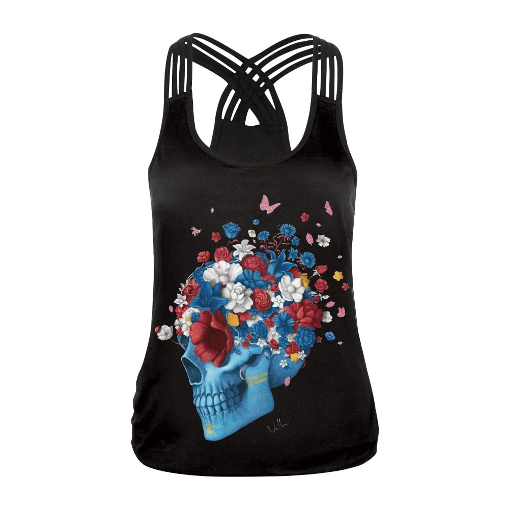 Fashion Halloween Sugar Skull Rose Girl Tank Top for Women Gothic Style Back Cross Sleeveless Vest