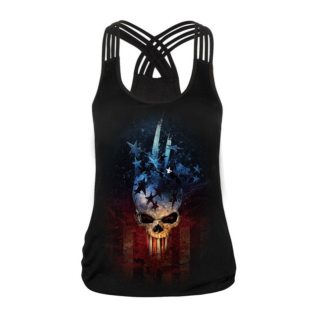 Fashion Halloween Sugar Skull Rose Girl Tank Top for Women Gothic Style Back Cross Sleeveless Vest
