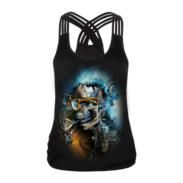 Fashion Halloween Sugar Skull Rose Girl Tank Top for Women Gothic Style Back Cross Sleeveless Vest