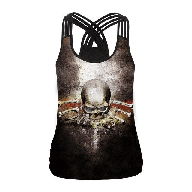 Fashion Halloween Sugar Skull Rose Girl Tank Top for Women Gothic Style Back Cross Sleeveless Vest