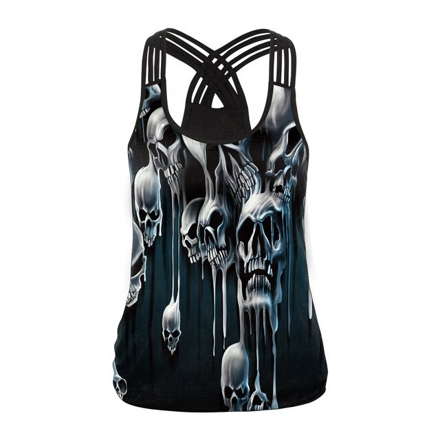 Fashion Halloween Sugar Skull Rose Girl Tank Top for Women Gothic Style Back Cross Sleeveless Vest