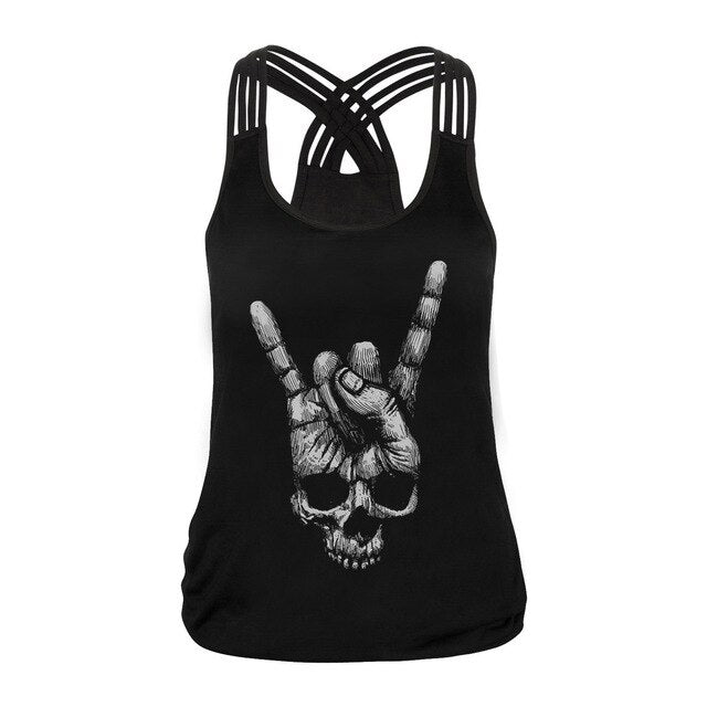 Fashion Halloween Sugar Skull Rose Girl Tank Top for Women Gothic Style Back Cross Sleeveless Vest