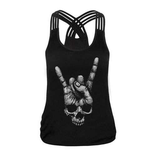 Fashion Halloween Sugar Skull Rose Girl Tank Top for Women Gothic Style Back Cross Sleeveless Vest