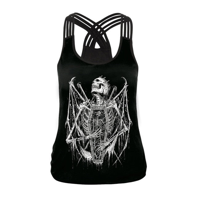 Fashion Halloween Sugar Skull Rose Girl Tank Top for Women Gothic Style Back Cross Sleeveless Vest