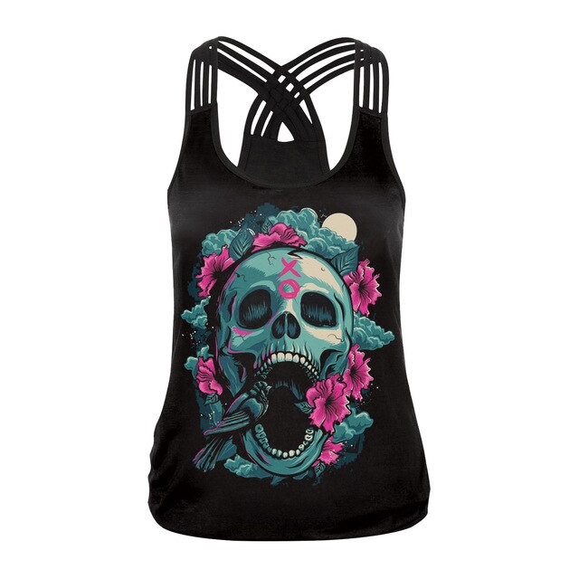 Fashion Halloween Sugar Skull Rose Girl Tank Top for Women Gothic Style Back Cross Sleeveless Vest